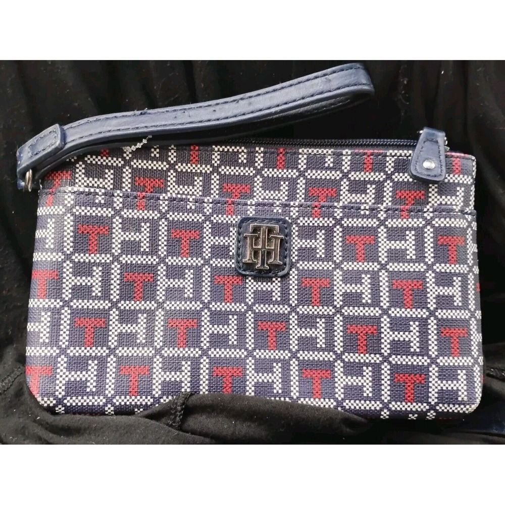 Tommy Hilfiger Wristlet Bag Wallet-like Red White Blue W/ Silver Logo 2 Pockets